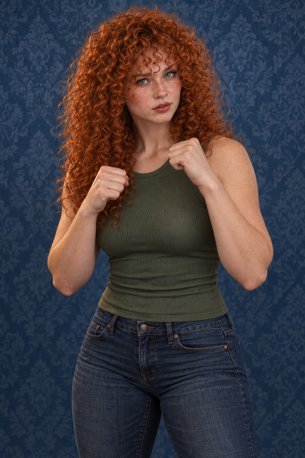 Muirgen raises her fists in a boxing guard, wearing a green tank top and jeans against a blue patterned backdrop.