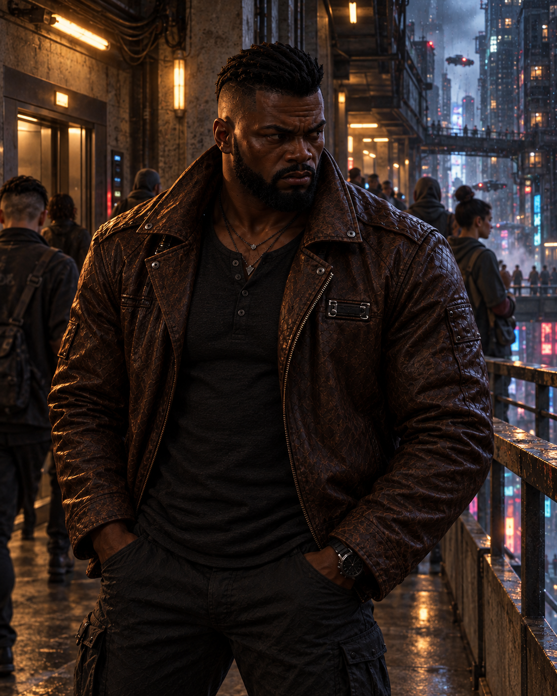 Buchanan in a brown leather jacket in a crowded megabuilding.