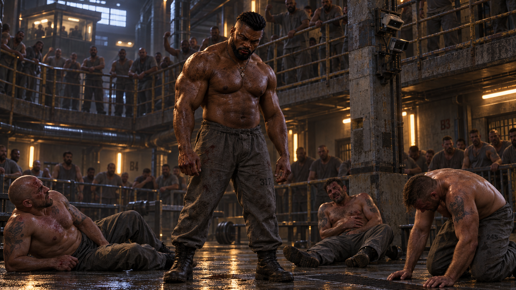 Buchanan with bloodied fists after a fight, surrounded by prisoners.