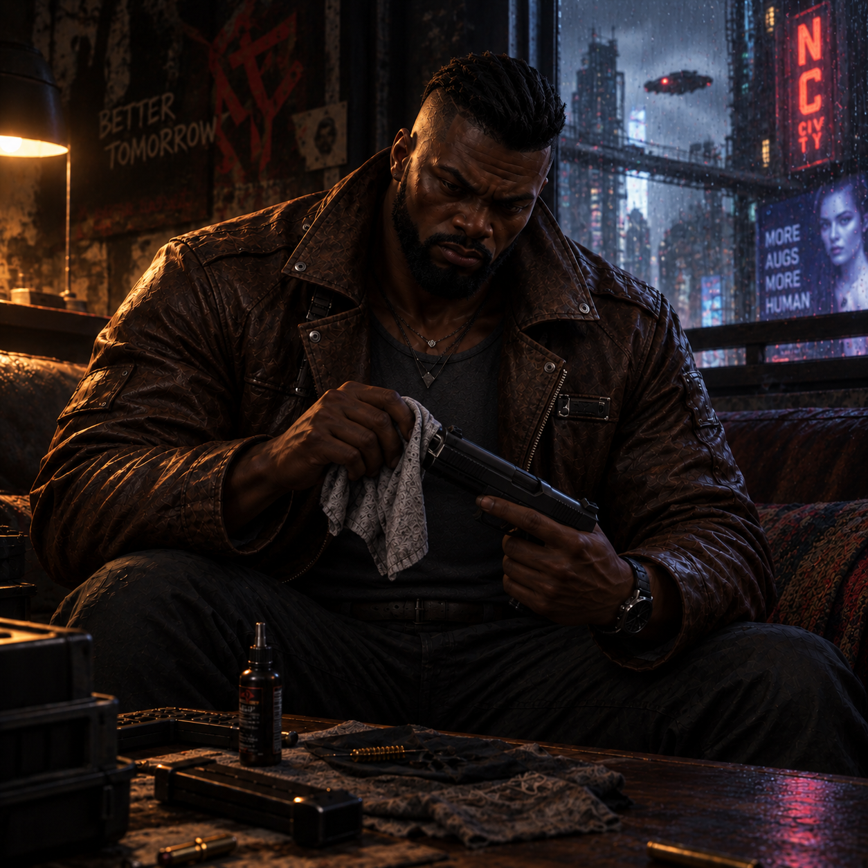 Buchanan seated in a brown leather jacket, cleaning a pistol beside a rain-covered Night City window.