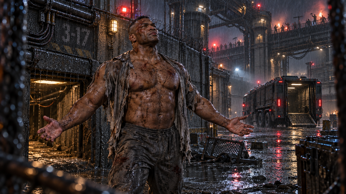 Buchanan stands in the rain during his escape from Sherman, amid industrial prison buildings and an unattended transport.