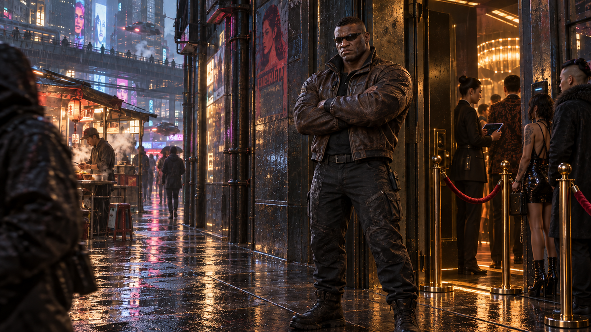 Buchanan wears sleek shades and stands with his arms folded outside a busy Night City business.