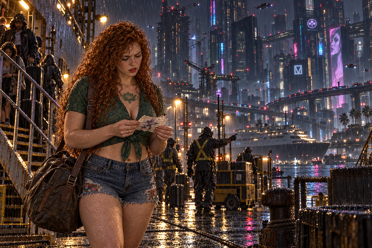 Muirgen reads a note in the rain at the crowded Night City docks, with copper curls, freckles, a green paisley blouse, denim shorts and a travel bag.