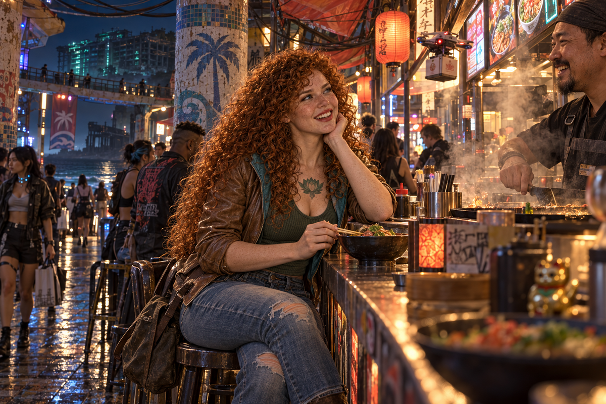 Muirgen smiles at a cook over a steaming bowl, wearing a caramel leather jacket and green top amid a crowded waterfront night market.
