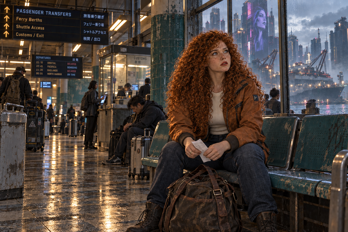 Muirgen sits in an ochre jacket and jeans with a travel slip in her hands and her bag between her boots; rain streaks the concourse windows behind her.