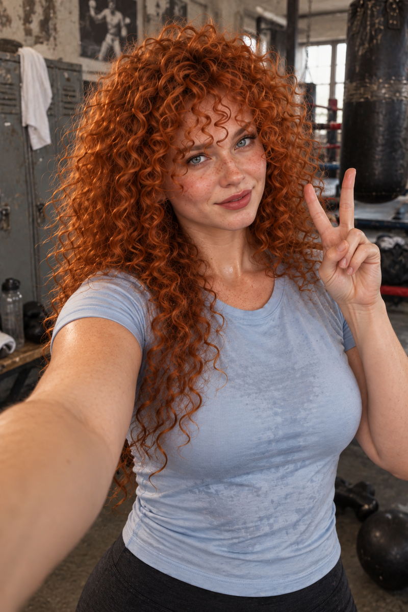 Muirgen smiles and makes a peace sign for a gym selfie, her copper curls framing her freckled face.