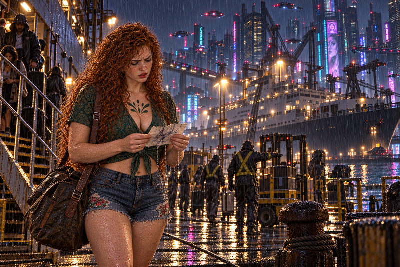 Muirgen examines a rain-soaked note on the docks, carrying a shoulder bag beneath the city's lights.
