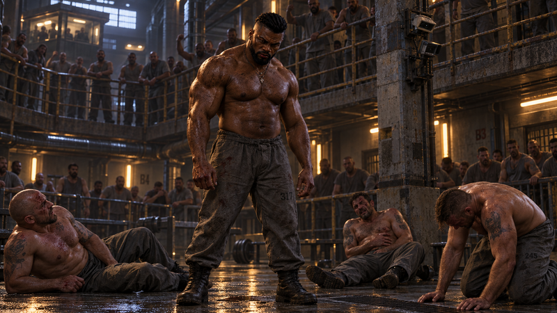 Buchanan with bloodied fists after a fight, surrounded by prisoners.