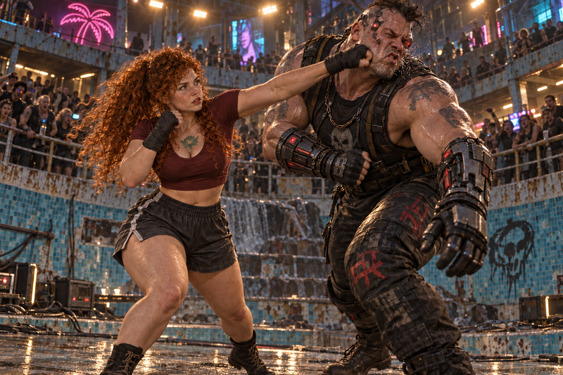Muirgen lands a punch on a towering augmented opponent, surrounded by spectators in a drained resort pool.
