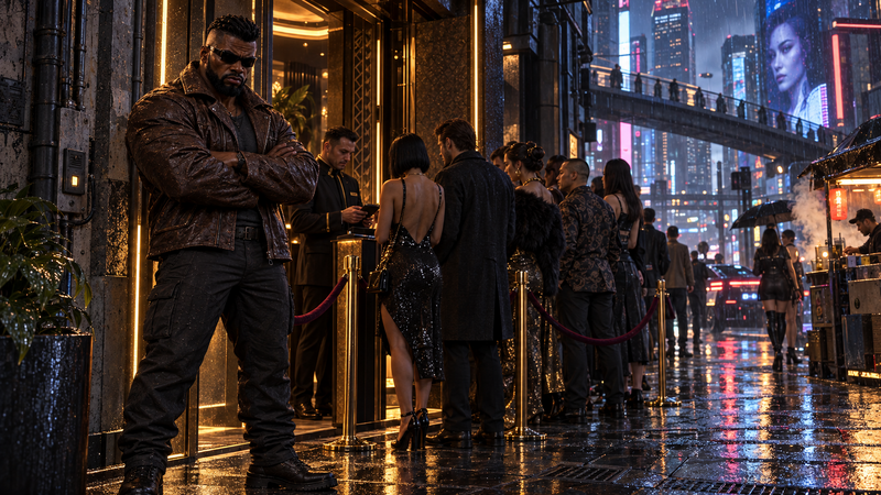 Buchanan stands with folded arms outside a busy Night City business.
